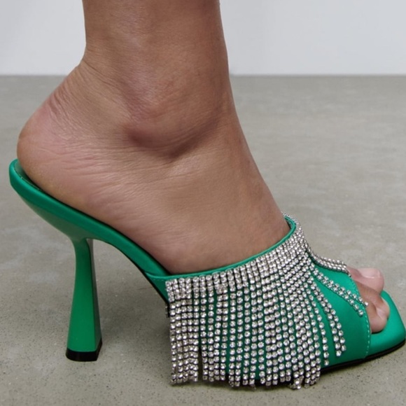 ZARA Rhinestone Sparkly Heeled Sandals Green BNWT - Picture 2 of 5
